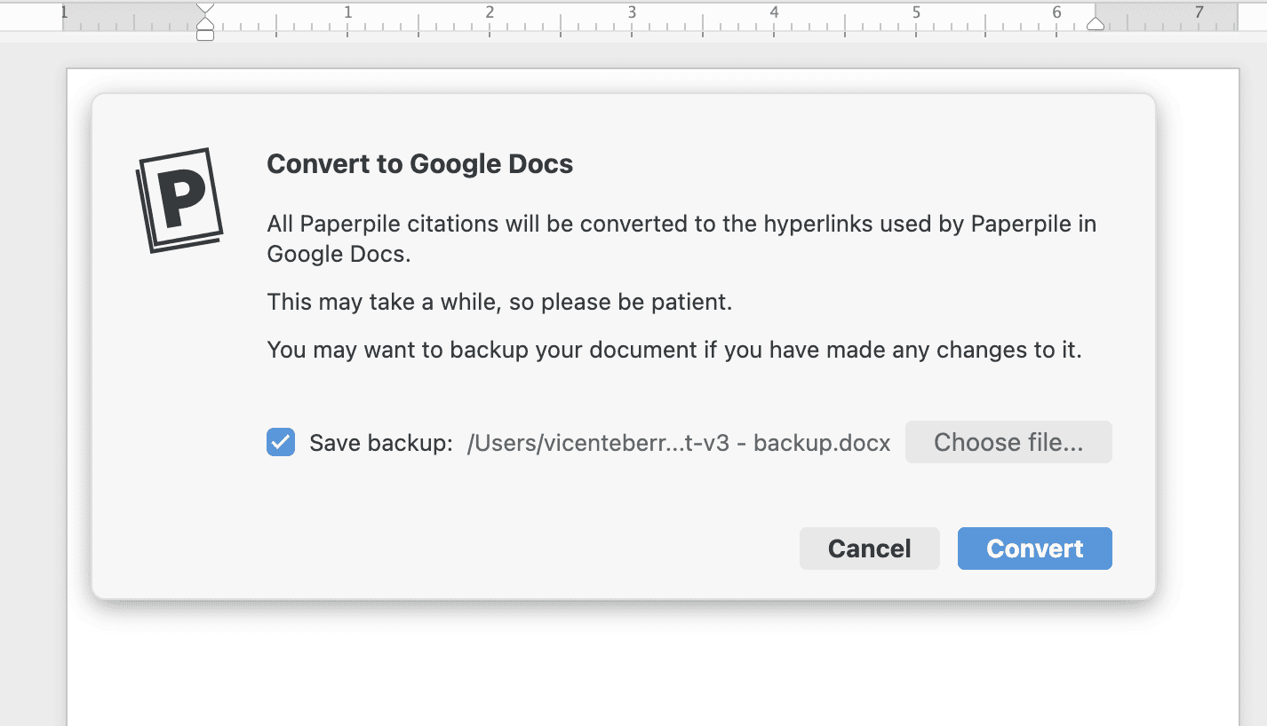 The “Convert to Google Docs” dialog warning that all Paperpile citations will become the hyperlinks used in Google Docs, with a ticked “Save backup” option, a “Choose file…” button, and Cancel and Convert buttons.